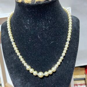 Vintage Faux Pearl Necklace With Faceted Silver Tone Beads